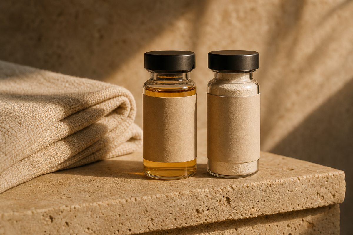 Two vials on travertine ledge beside linen towel in warm light