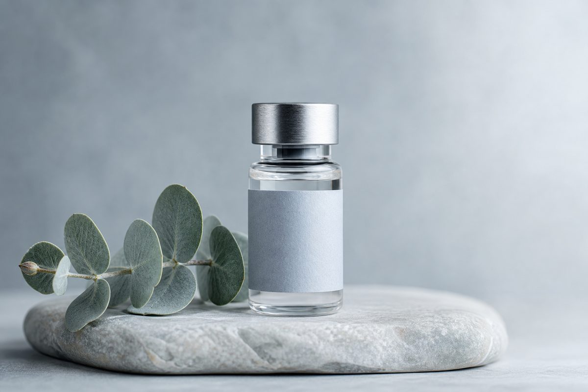Minimal vial on pale stone with eucalyptus in cool light