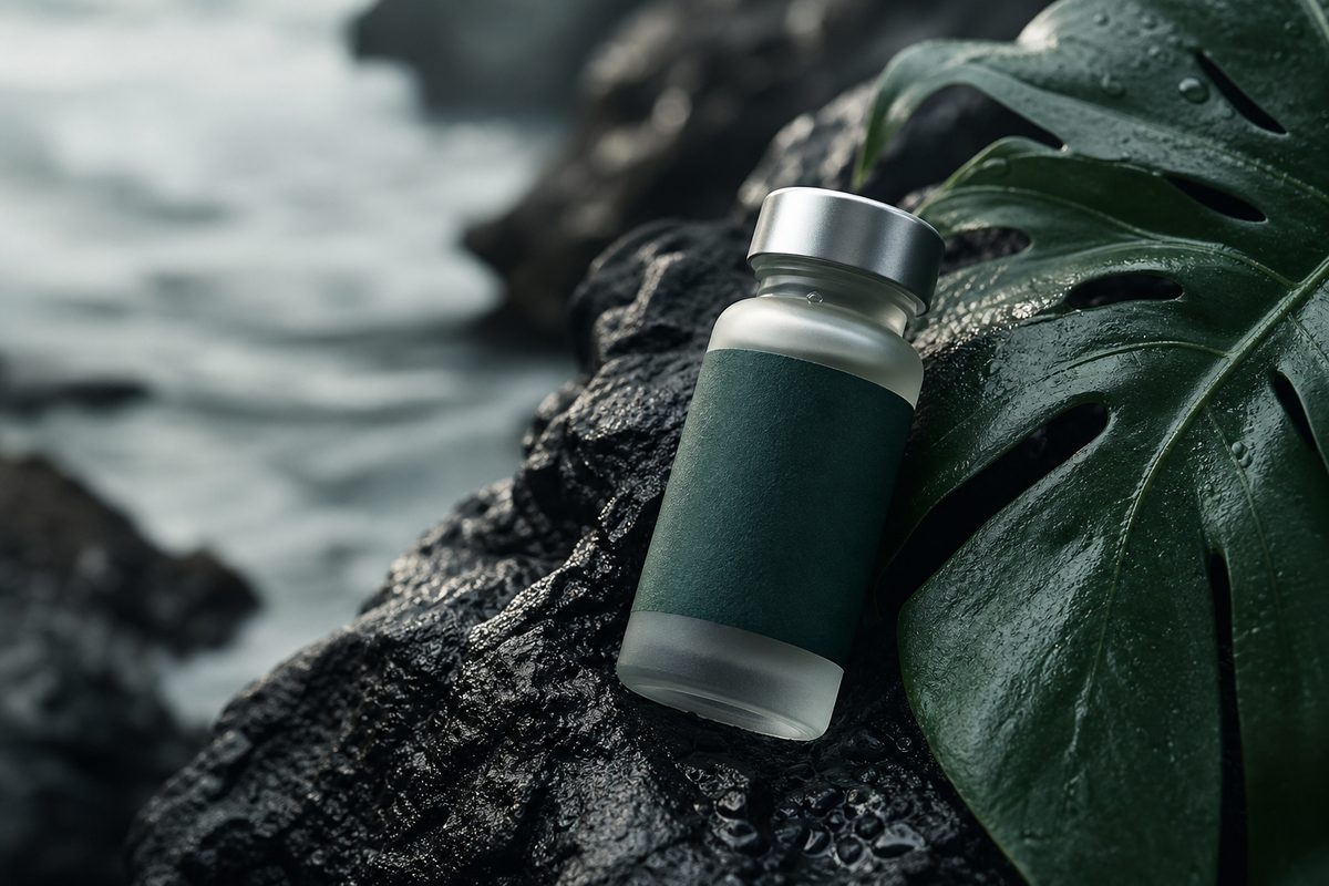 Frosted vial with teal label on dark wet basalt beside tropical leaf