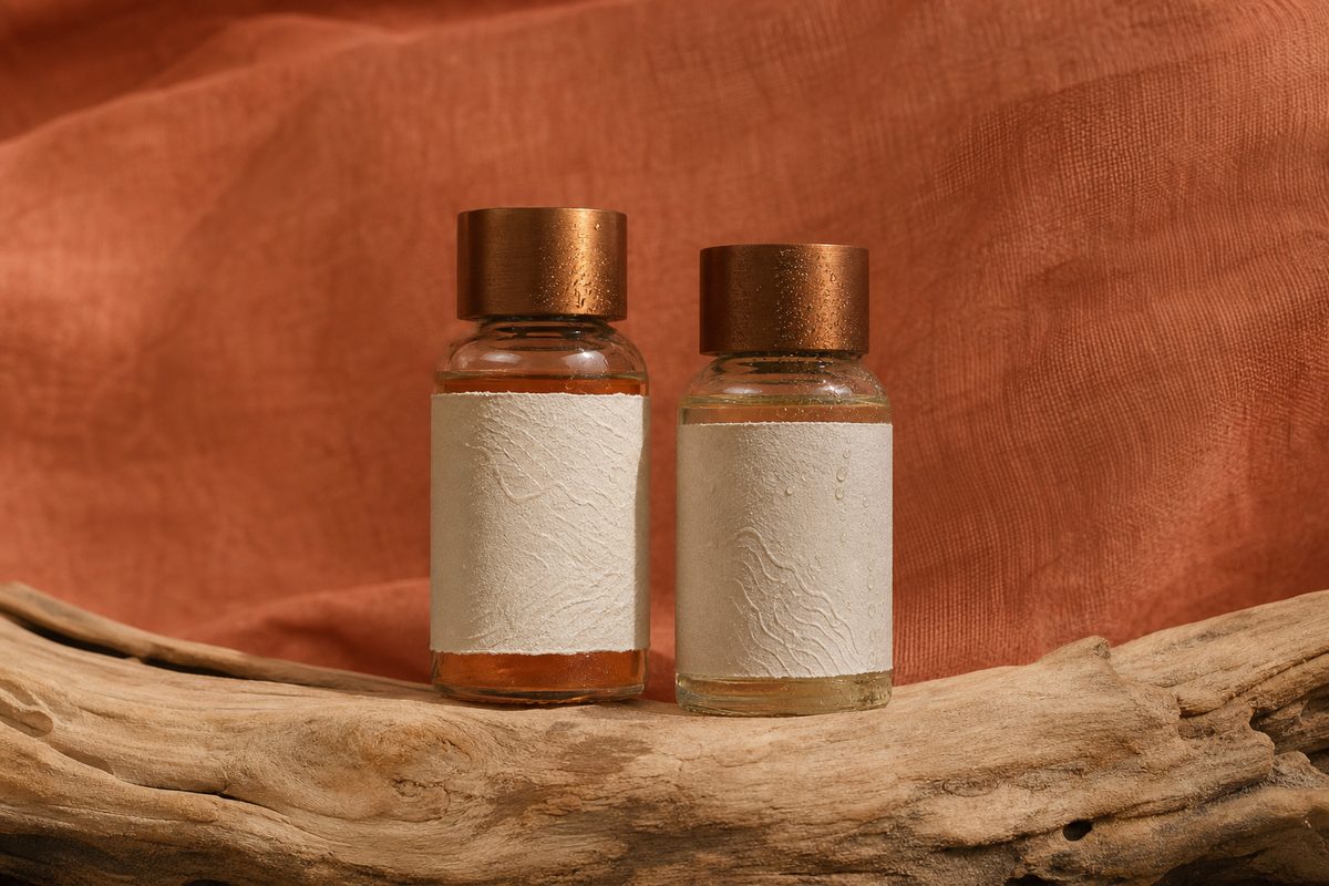 Two glass vials on sun-bleached driftwood with terracotta linen