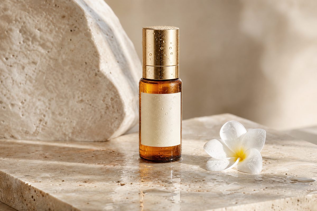 Amber glass vial on travertine with white petal in bright daylight