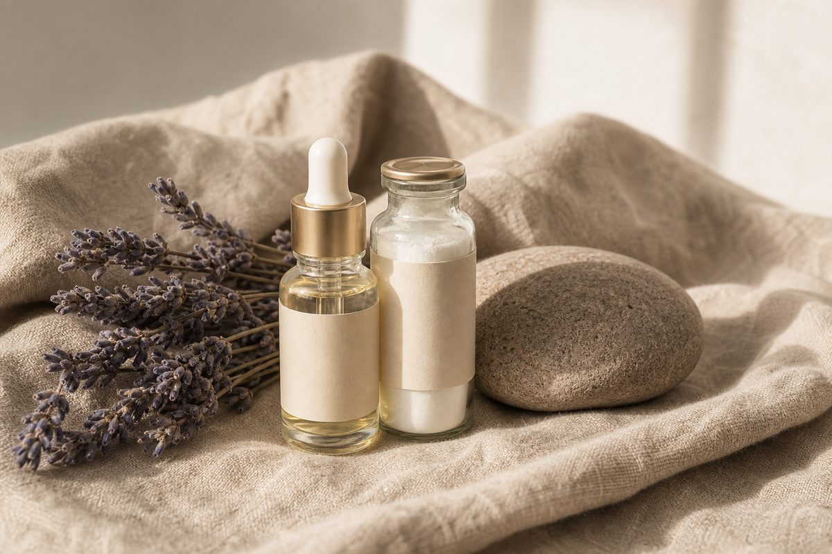 Dropper bottle and vial on linen with dried lavender in warm light