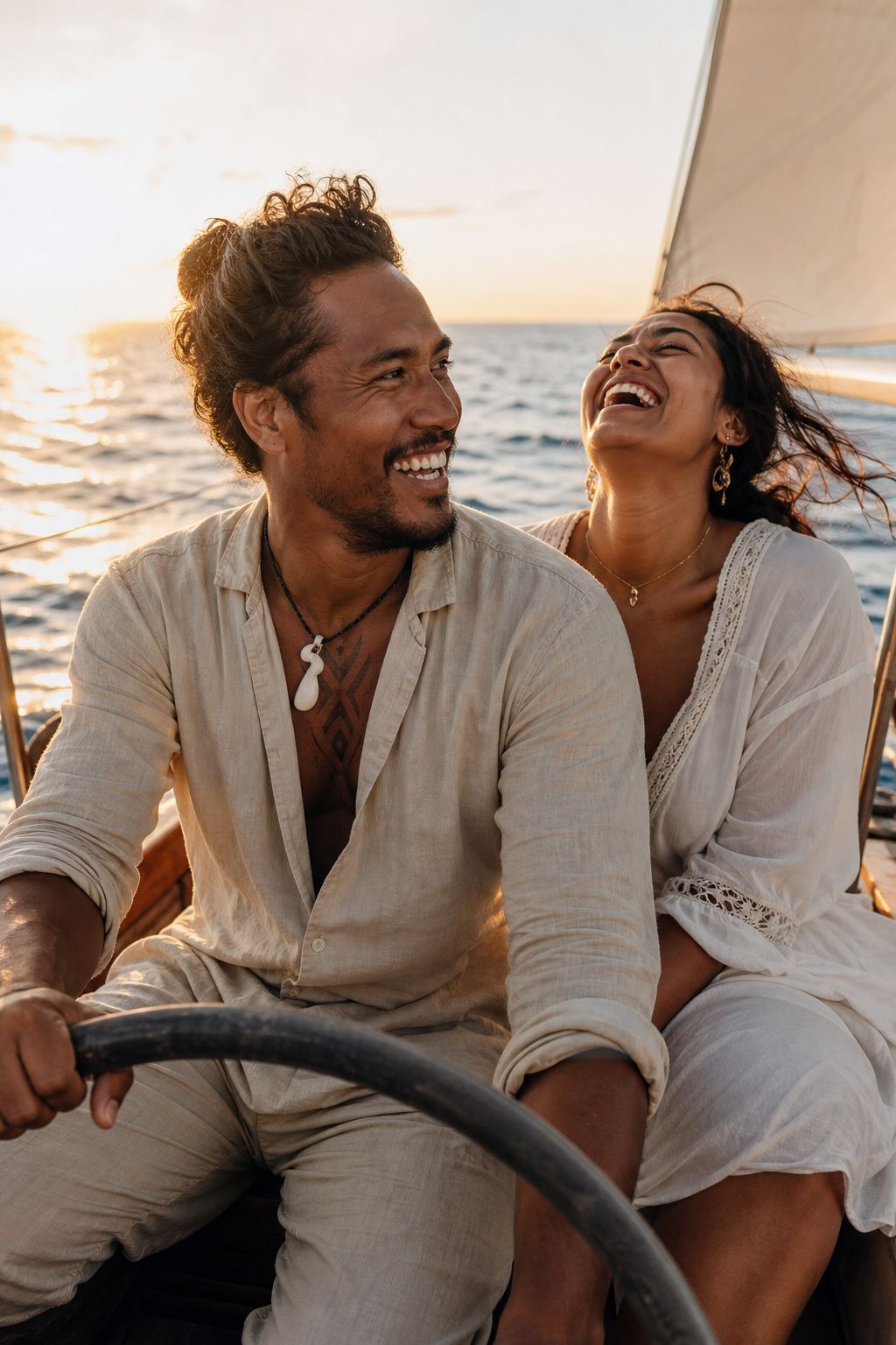 Joyful couple sailing together at golden hour, laughing on open water
