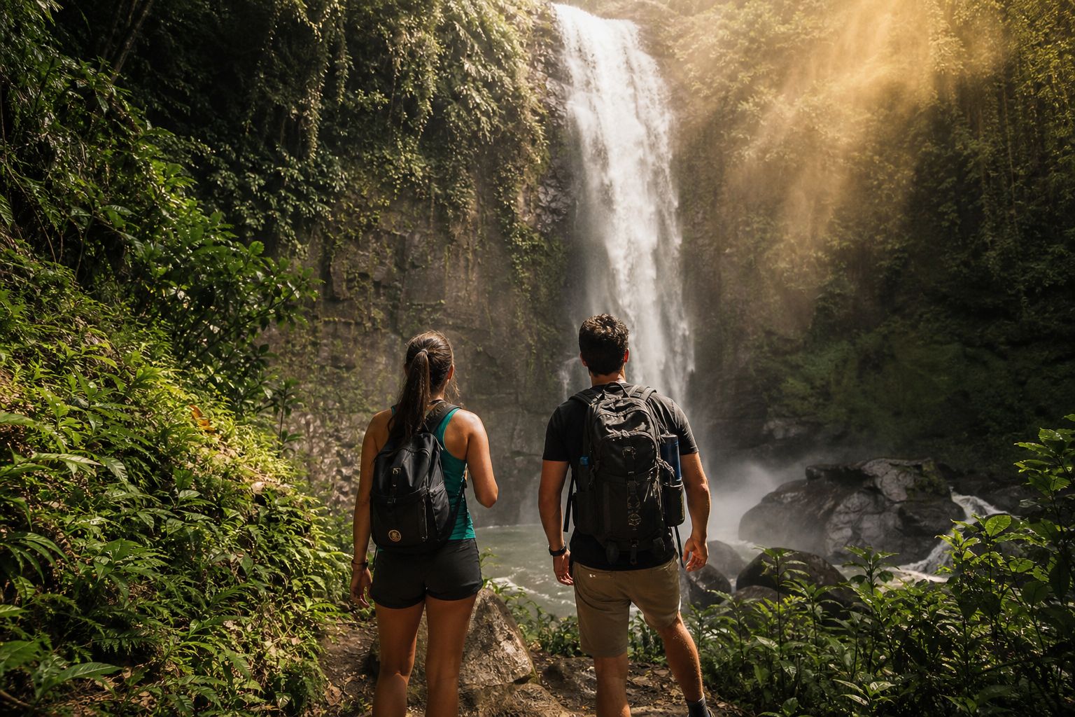 Two hikers on a jungle trail approaching a tall tropical waterfall