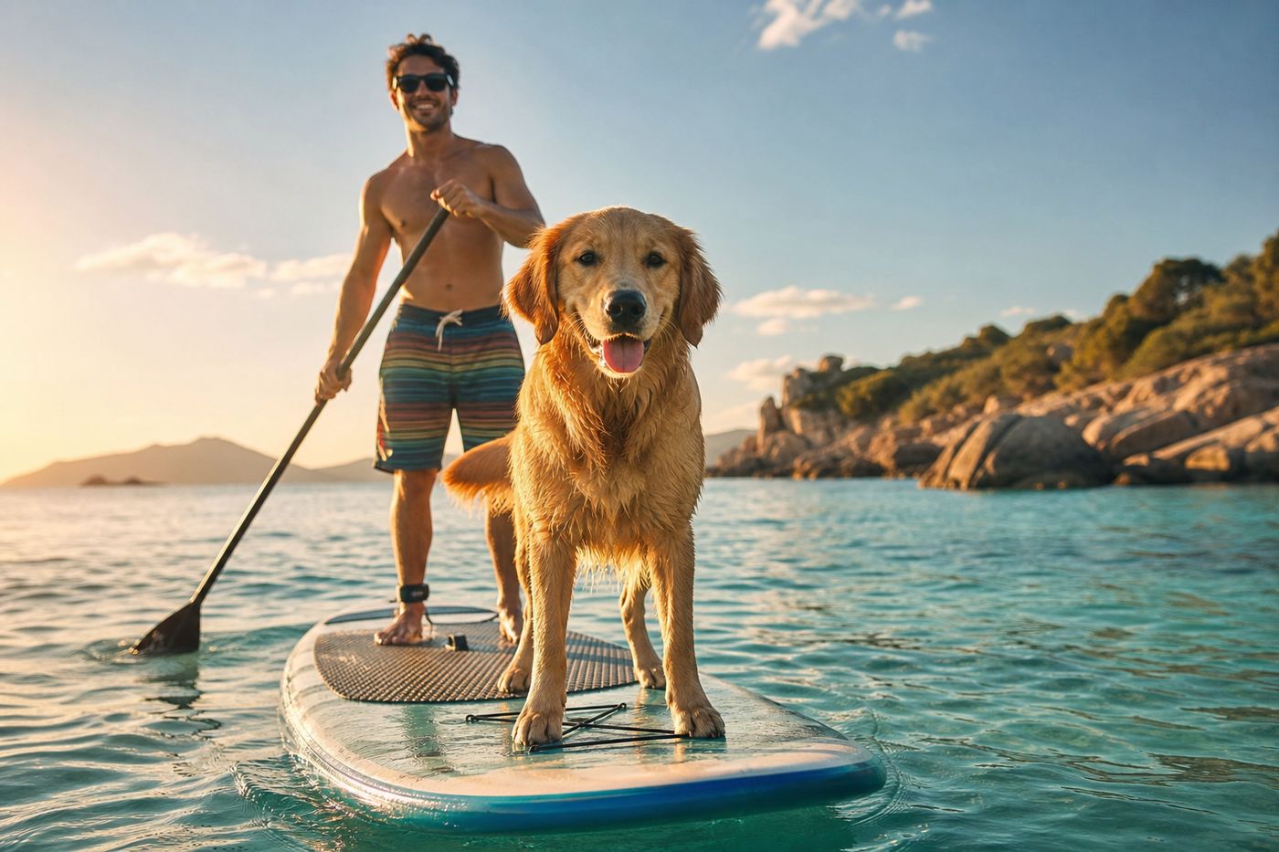 Golden retriever standing at the front of a paddleboard with its owner at golden hour
