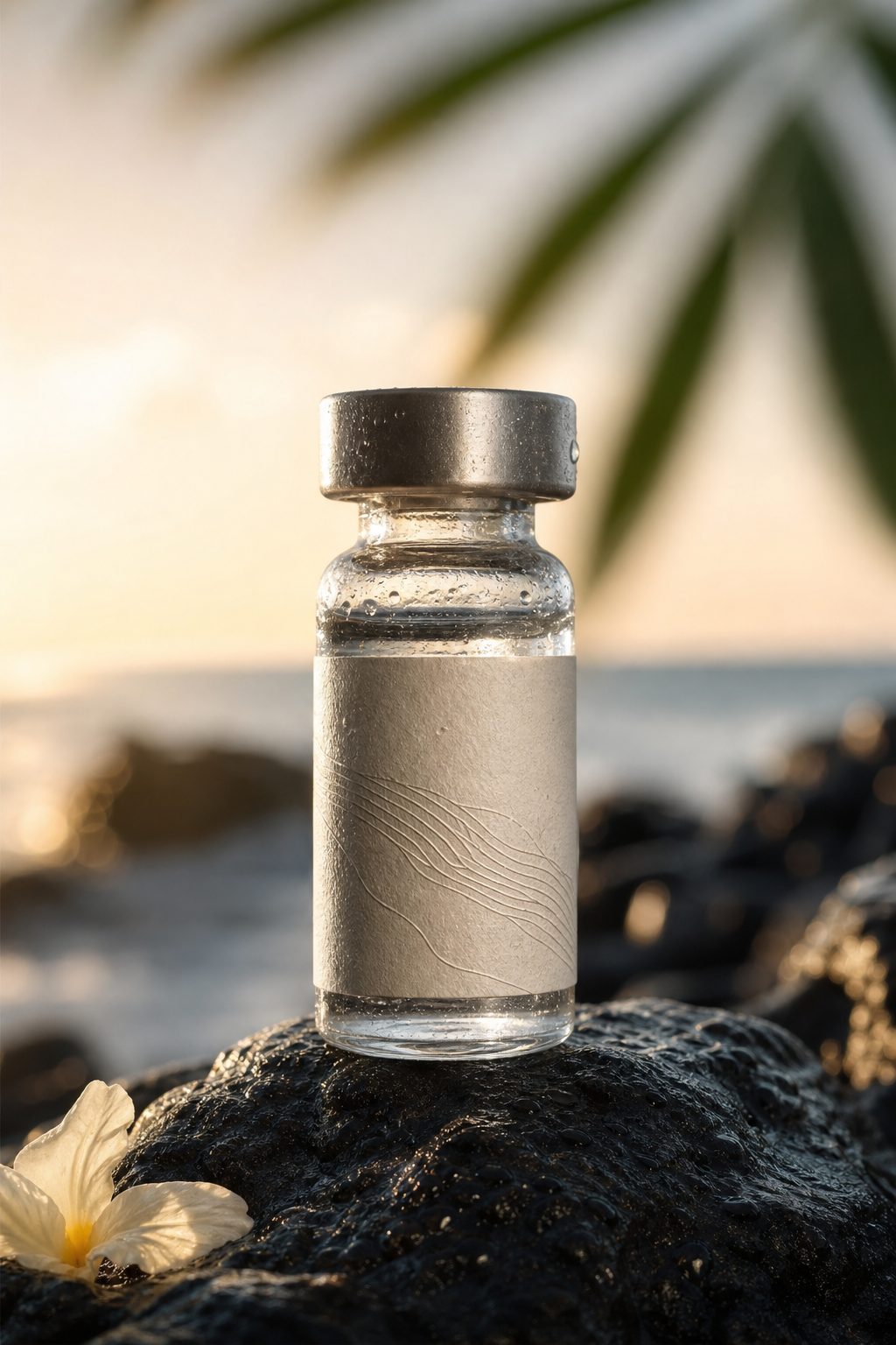 Premium glass vial on wet volcanic stone in morning light