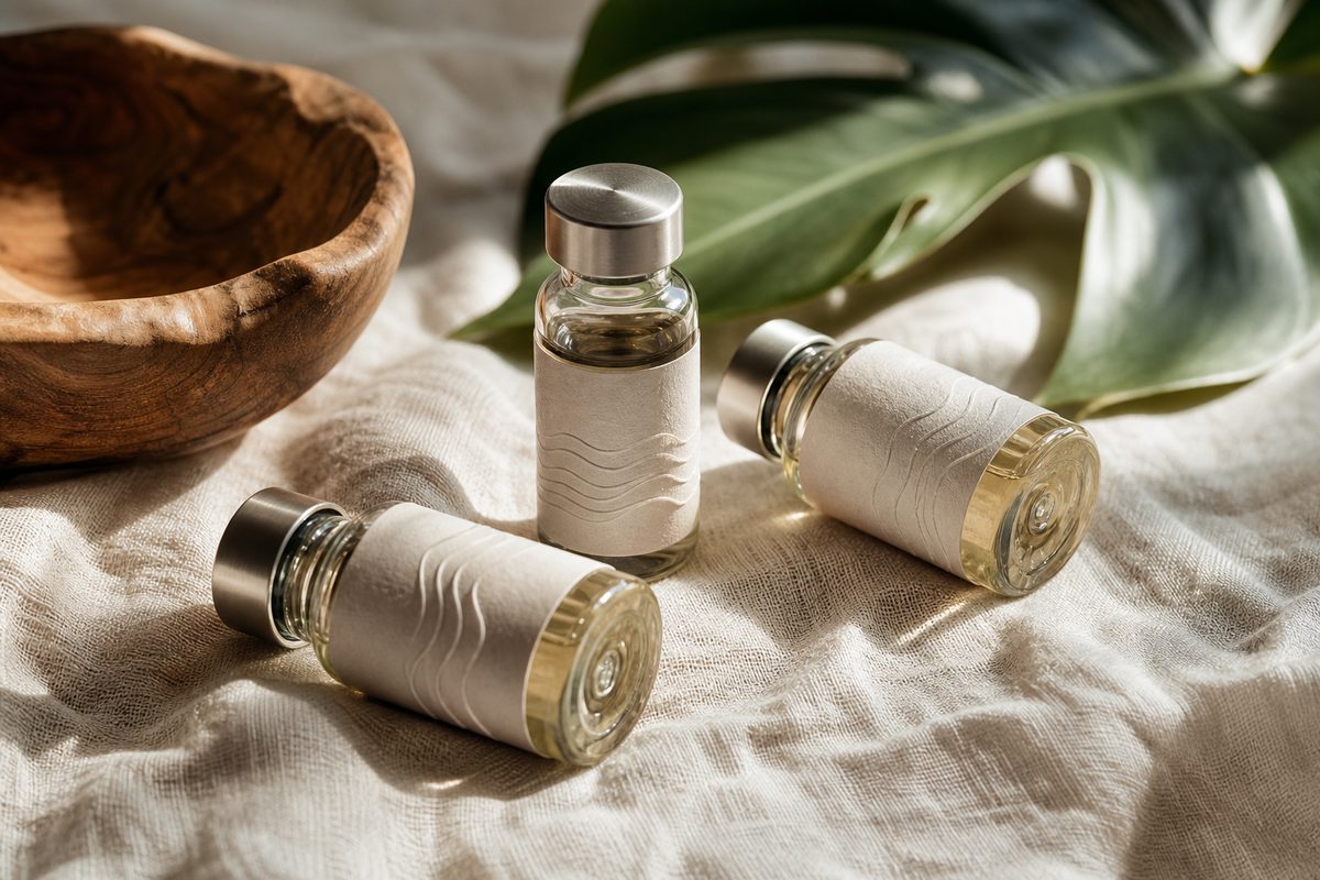 Three glass vials on natural linen beside a carved wooden bowl