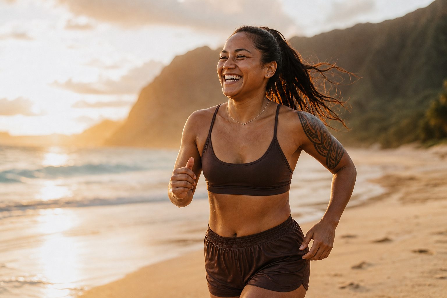 Woman running joyfully along the shoreline at sunrise