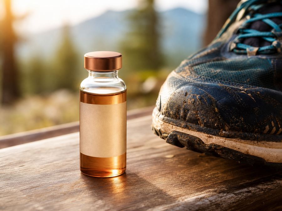 Vial beside a mud-spattered trail shoe on a wooden bench