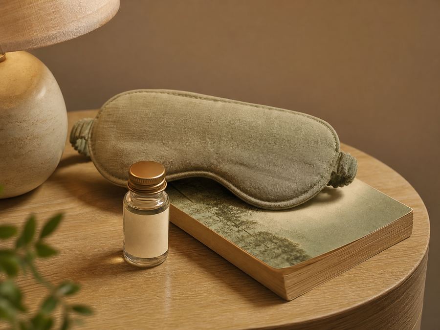 Vial beside linen eye mask and book in warm lamplight