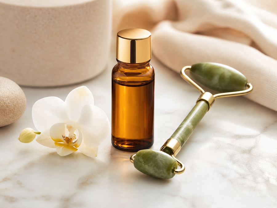 Amber vial with jade roller and orchid on pale marble