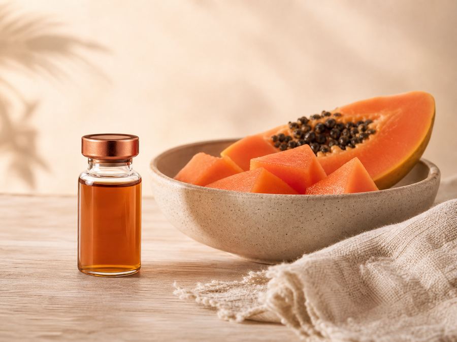 Vial beside fresh papaya bowl and linen on a wood table