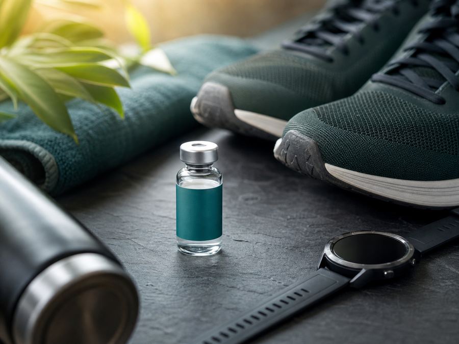 Vial with running shoes and smartwatch on dark slate