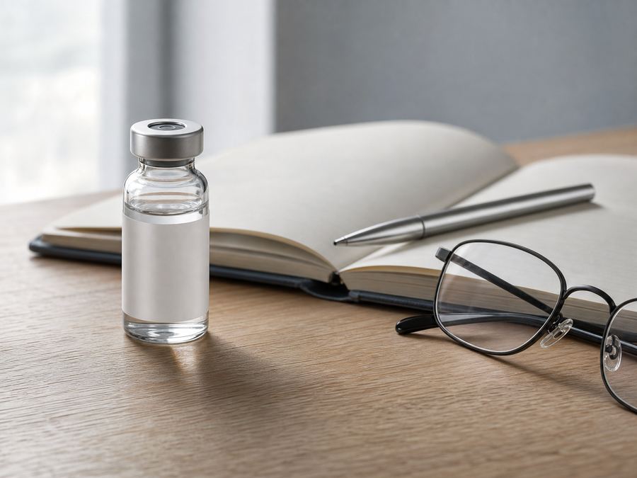 Vial beside open notebook, pen and glasses on oak desk