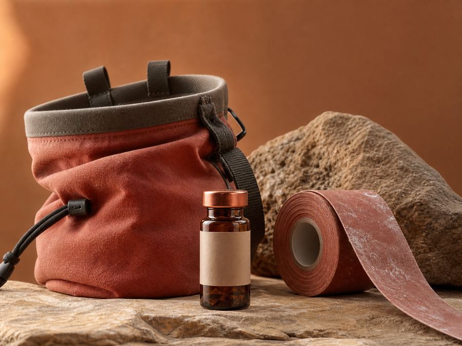 Vial with climbing chalk bag and grip tape on warm stone