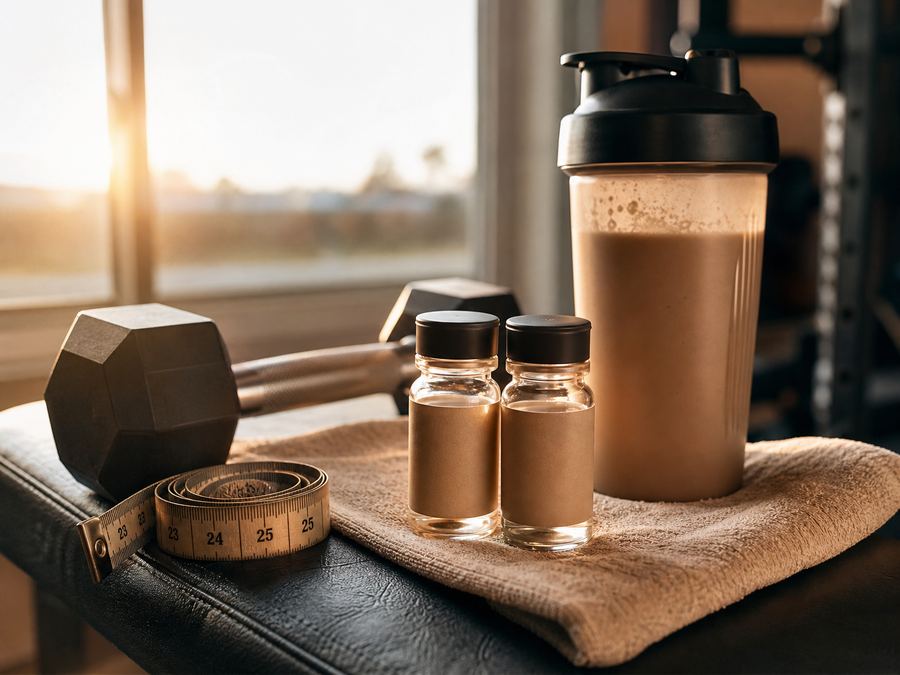 Two vials with tape measure and dumbbell on gym bench